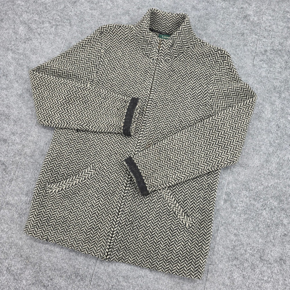 Lauren Ralph Lauren Mens M Black White Herringbone 100% Lambswool Zip Cardigan